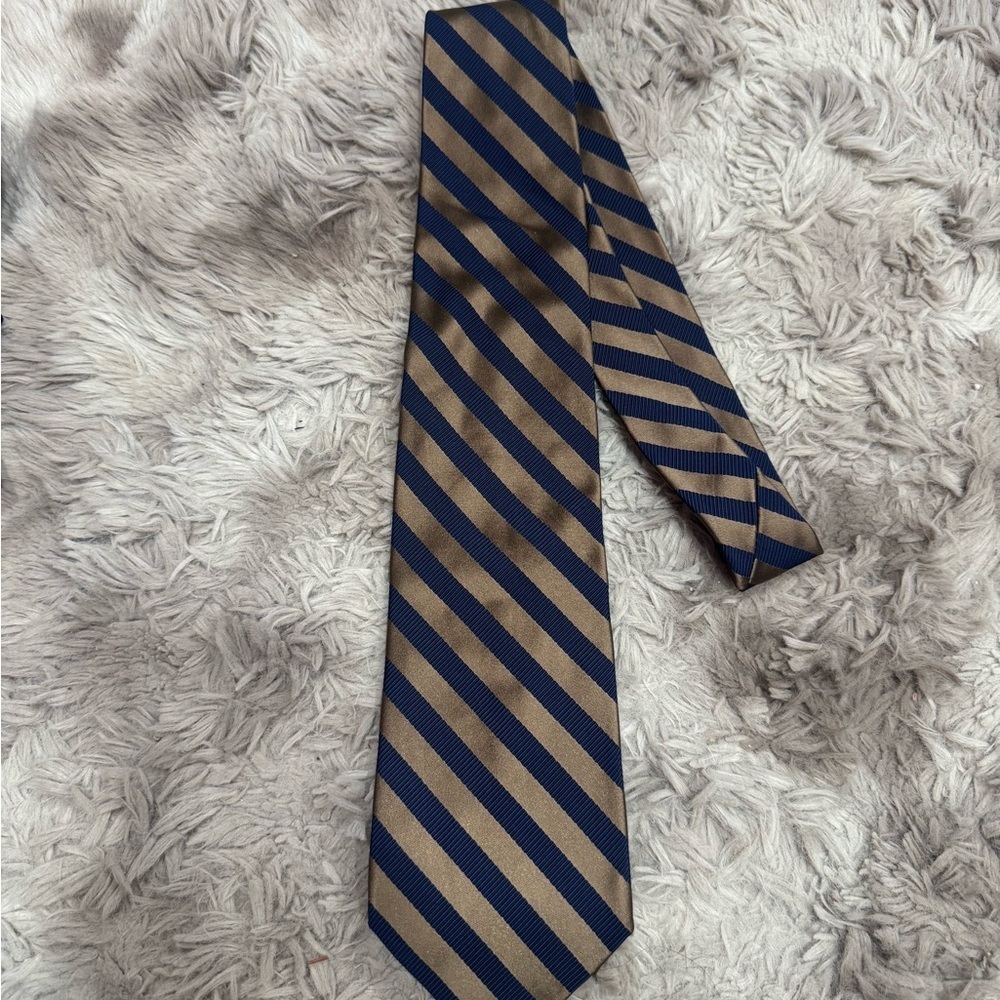 Brooks Brothers Tie Gold & Blue Stripes  100% Silk Mens Necktie 56”